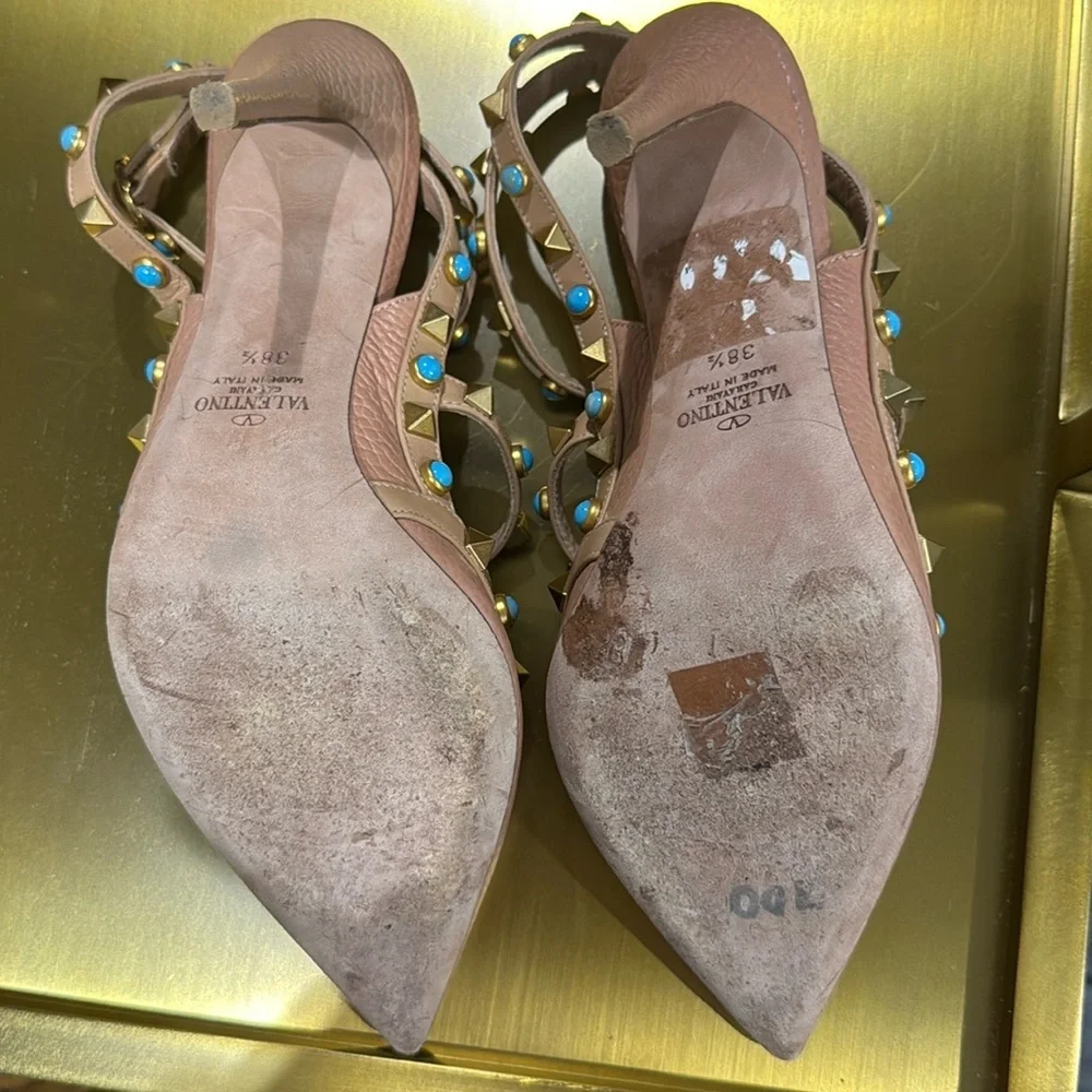 Valentino Rockstud beige pebbled leather with gold and turquoise studs. EUC.